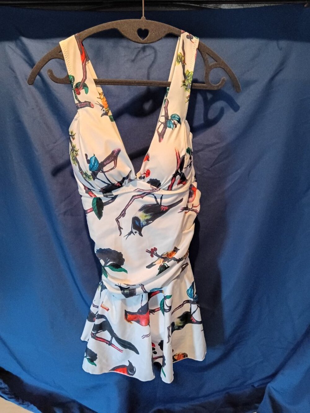 NWOT Beautiful 1 piece sarong type suit white w/ colorful birds